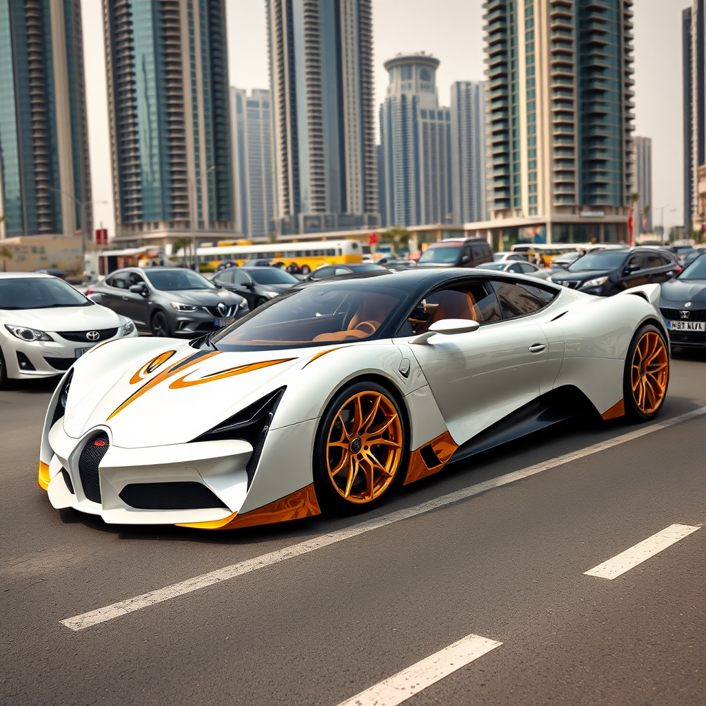 A photo of a futuristic Pagani-designed sedan with 4 doors. The car is white with golden ornamentation. The car is parked on a street in Dubai with heavy traffic. The background contains skyscrapers.