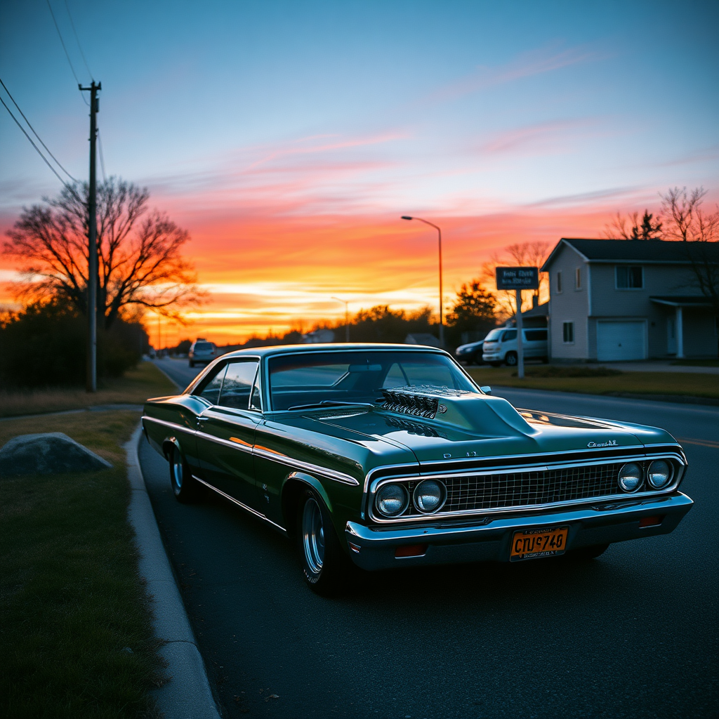 The drag car is parked on the side of the road, inspired by Taiyō Matsumoto, tumblr, restomod, nd4, c4 metallic shine classic american low rider custom paint ford