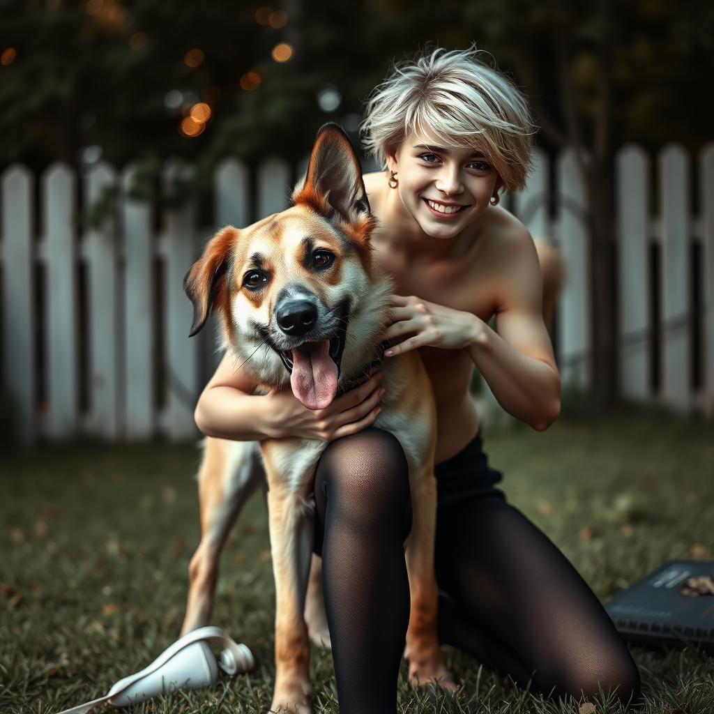 photorealistic, ultra high resolution, 16K, surreal fantasy, studio lighting, a pretty 16 year old goth male, slim male physique, short blonde hair, goth makeup, earrings, pantyhose, white ballet shoes, playing with his large dog in the yard - he is kneeling forward, while the dog stands up behind him and rests its paws on the boys shoulders, excited smile, facing the camera.