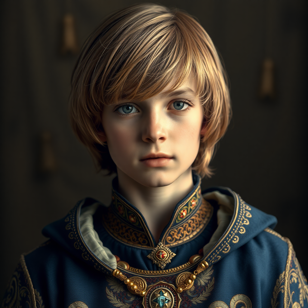 16yo teen boy prince, long bob cut, embroidered with gold and diamonds medieval cloths. photorealistic, ultra high resolution, 16K,