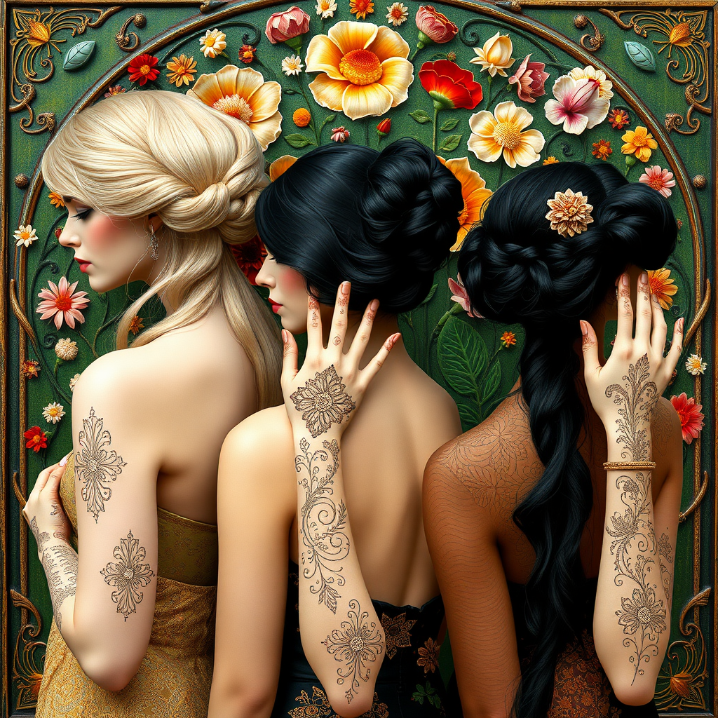 Promt by picture with: In the Max Klimt style. Women (one is blonde and two are black-haired) with filigree henna tattoos on their hands and arms stand in front of an Art Nouveau relief with many small colorful flowers painted on a green background. They have very, very white skin. The hairstyles are updo hairstyles in Art Nouveau.