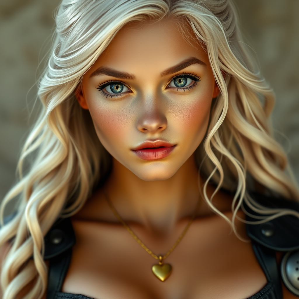 Portrait of a beautiful young woman with long wavy platinum blonde hair, green eyes, a suntan, large breasts, and light brown eyebrows. She is wearing black leather armor and a gold necklace with a small heart pendant.