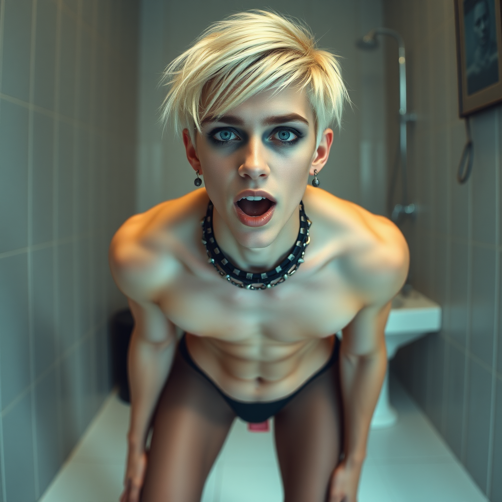 photorealistic, ultra high resolution, 16K, surreal fantasy, soft studio lighting, Caleb Swift is a pretty 16 year old goth male , slim male physique, blonde hair, blue eyes, goth makeup, earrings, tan & black vertically striped pantyhose, spikey neck collar with chain, standing on the floor of the bathroom , excited mouth, bulging crotch, full body front view of Caleb facing the camera.