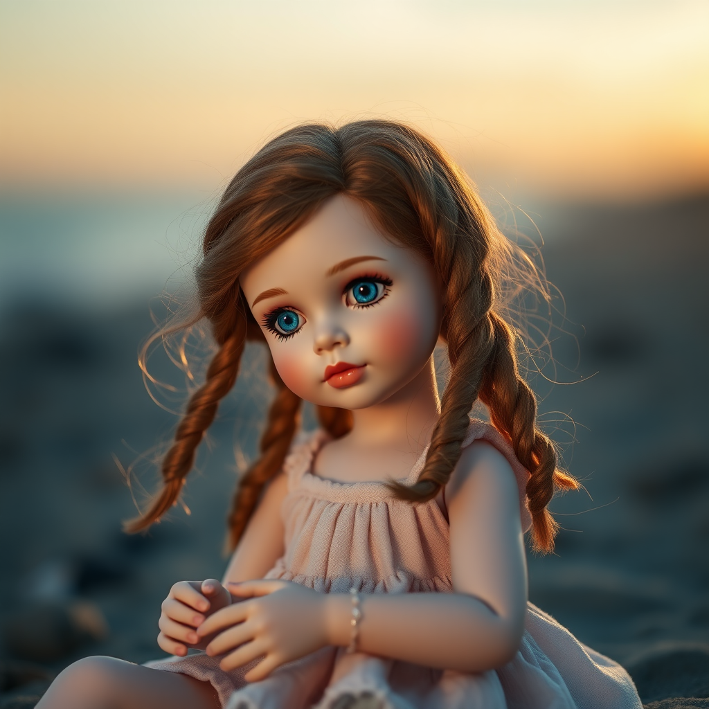 ooak art doll playing on the beach in the evening, blue hour, artist doll, realistic doll, life-like porcelain doll, young preteen girl, unique personality, bisque doll, aesthetic, artistic photography, sunshine, natural, translucent, bokeh