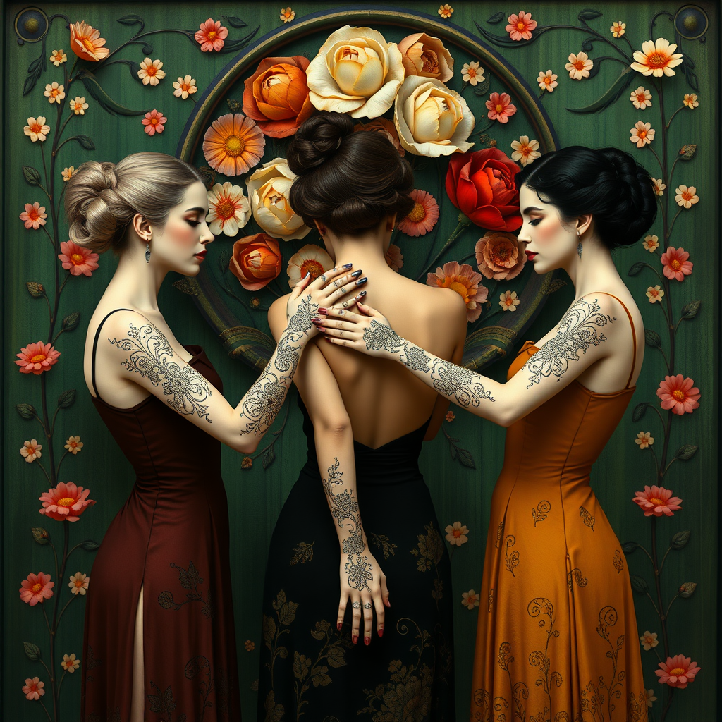 Promt by picture with: In the Max Klimt style. Women (one is blonde and two are black-haired) with filigree henna tattoos on their hands and arms stand in front of an Art Nouveau relief with many small colorful flowers painted on a green background. They stand in a circle and hold each other's hands. They have very, very white skin. The hairstyles are updo hairstyles in Art Nouveau.