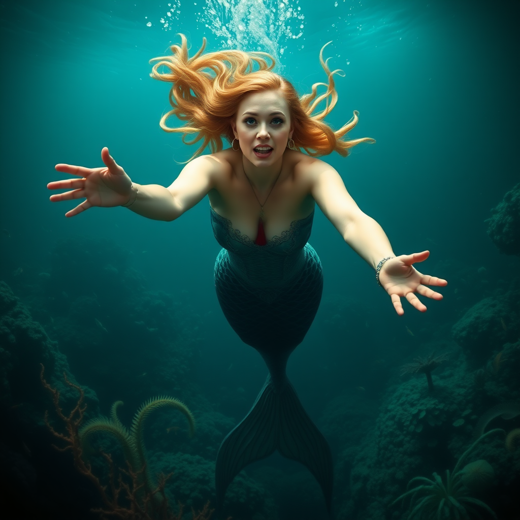 Sookie Stackhouse as a mermaid. She's diving down towards the viewer of the image, arms outstretched. The sea is deep and mysterious and filled with a myriad of ocean life plants, fish, and other aquatic life.