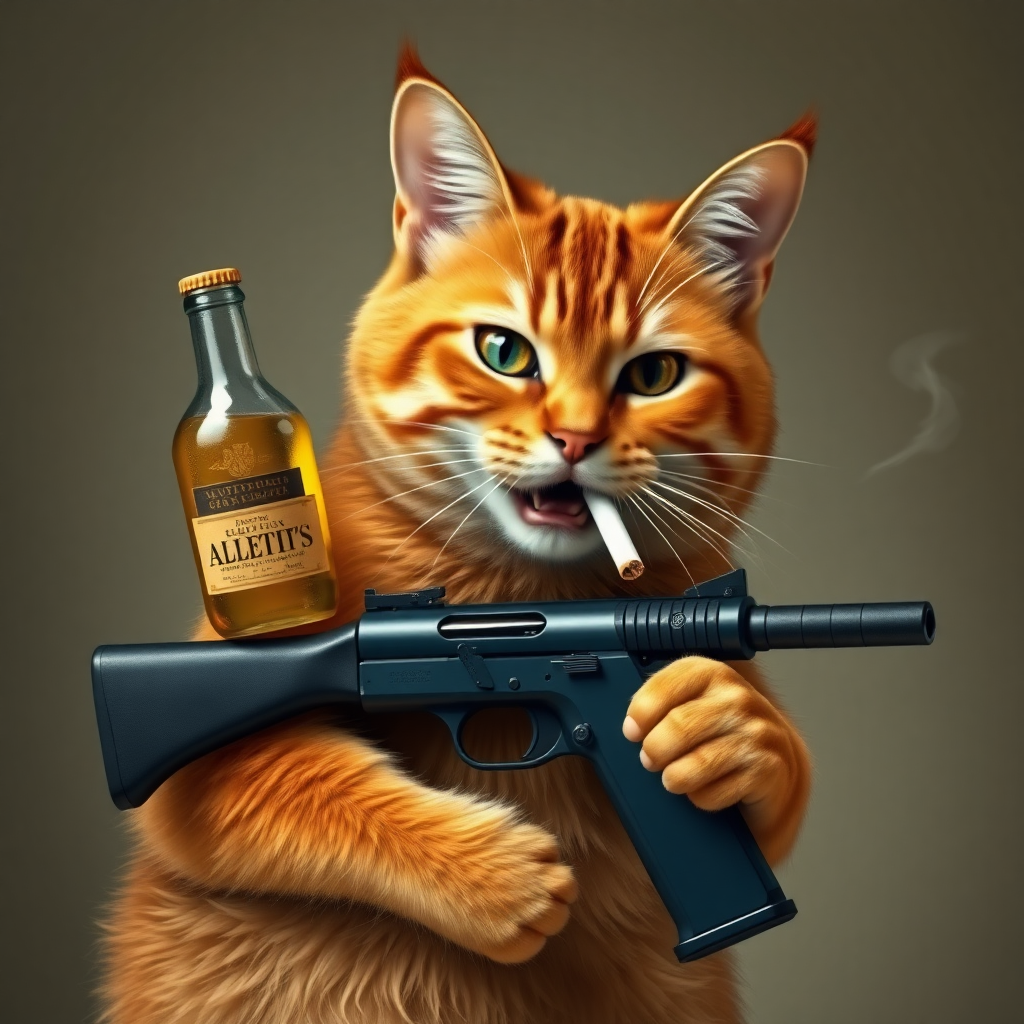 A brown cat with a bottle, a gun, and a cigarette in its mouth.