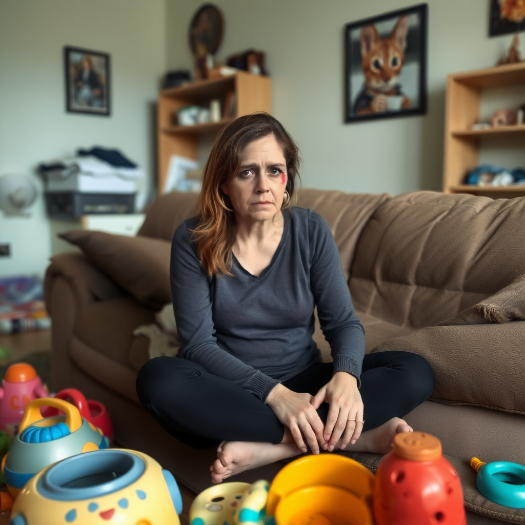 A photograph of a woman sitting on a sofa, in an untidy living room. There are children's toys on the floor. She is looking sad. She has a bruise on her cheek and eye.