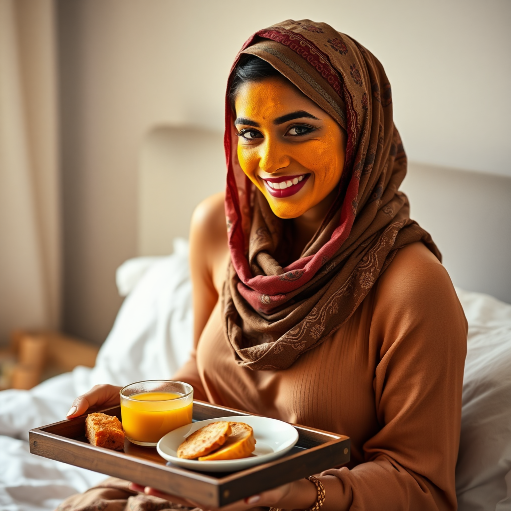 slim, 30 year old, sexy, indian wife, scarf head, turmeric face mask. She is smiling and serving breakfast on a tray on bedside table