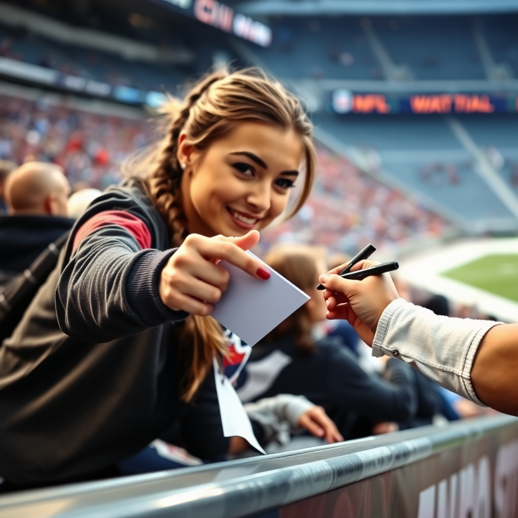 Attractive female NFL fan, pigtail hair, leaning forward over first row stadium barrier, stretching out her hand, giving a blank paper to a player, player signs it