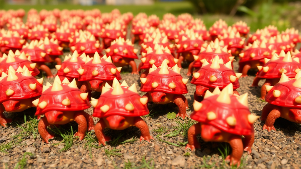 Exterior. Day. A dozen small creatures that look like walking red turtle shells with ivory-colored spikes surround the viewer.