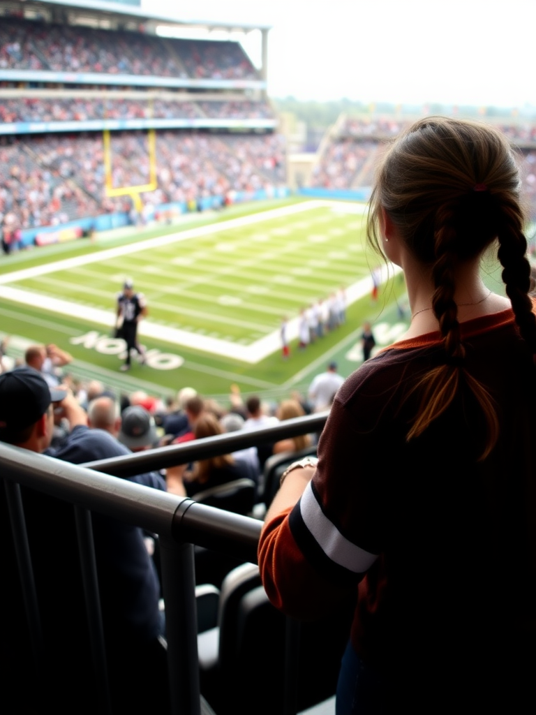 Attractive female NFL fan, pigtail hair, leaning forward over front row stadium barriers, fangirling over an NFL player who's on the field.