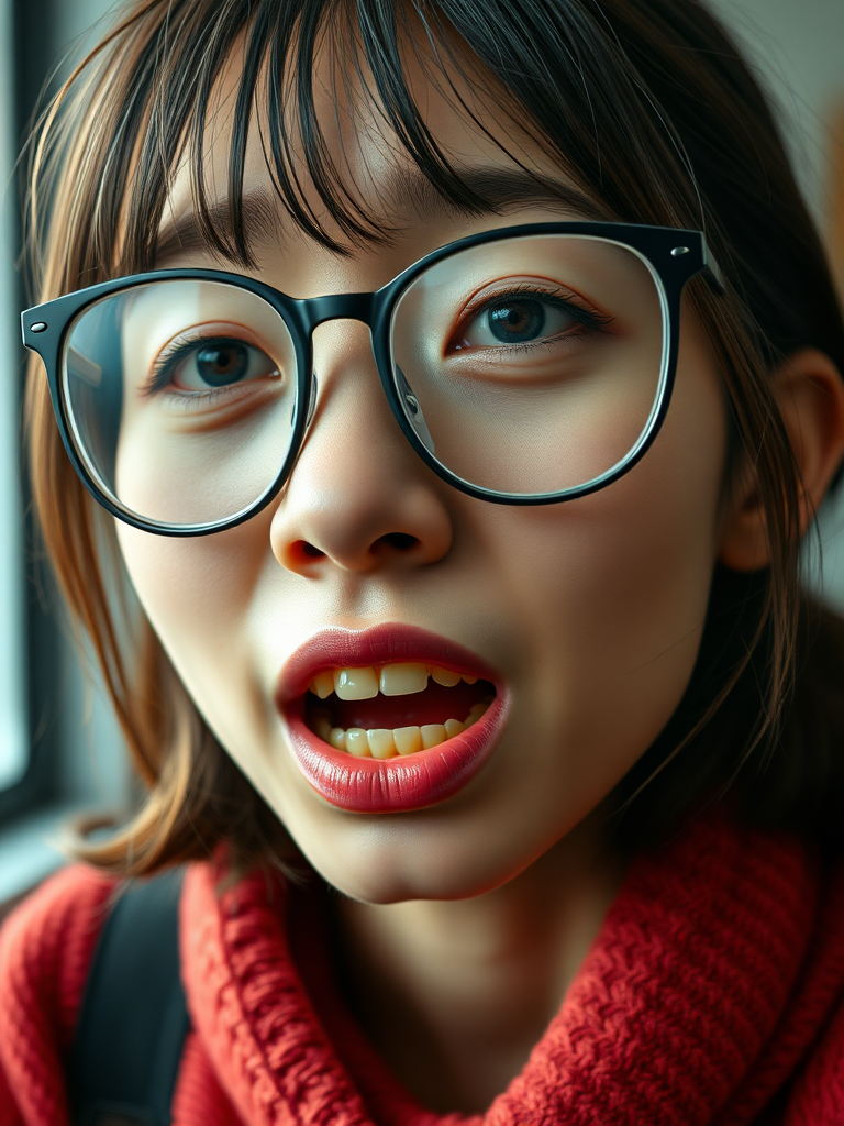 detailed, perfect proportion, high realism, real casual photo, japanese nerdy skinny woman with big nose, big mouth, big yellowish teeth, moles, big eyeglasses and medium hair, retarded, crying