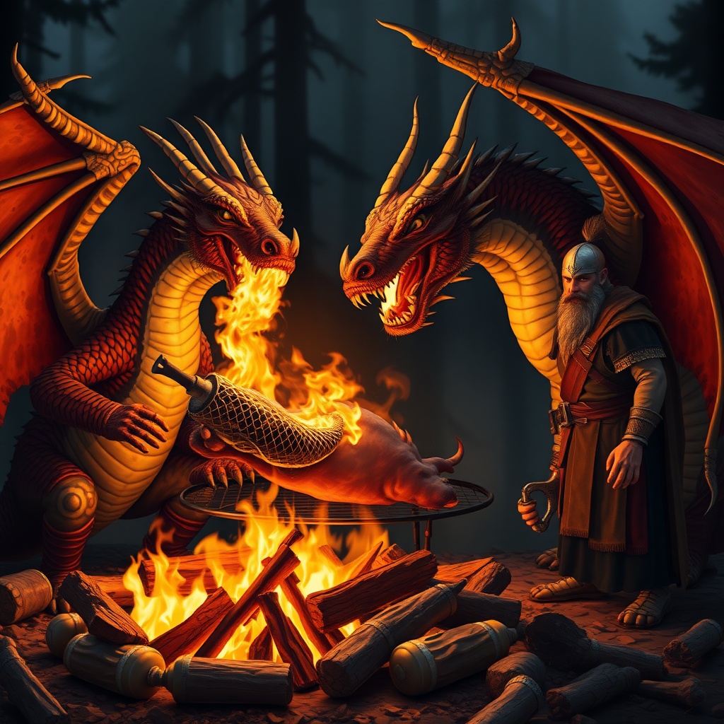 A dragon and a warrior roast the boar on the grill over a campfire, and the dragon spits fire out of its mouth to roast the wild boar.