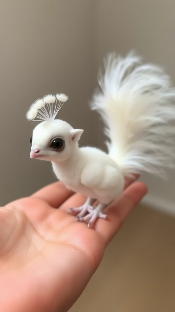 A small tiny cute chubby big eyes big perfect tail real white dancing peacock with tail on hand.