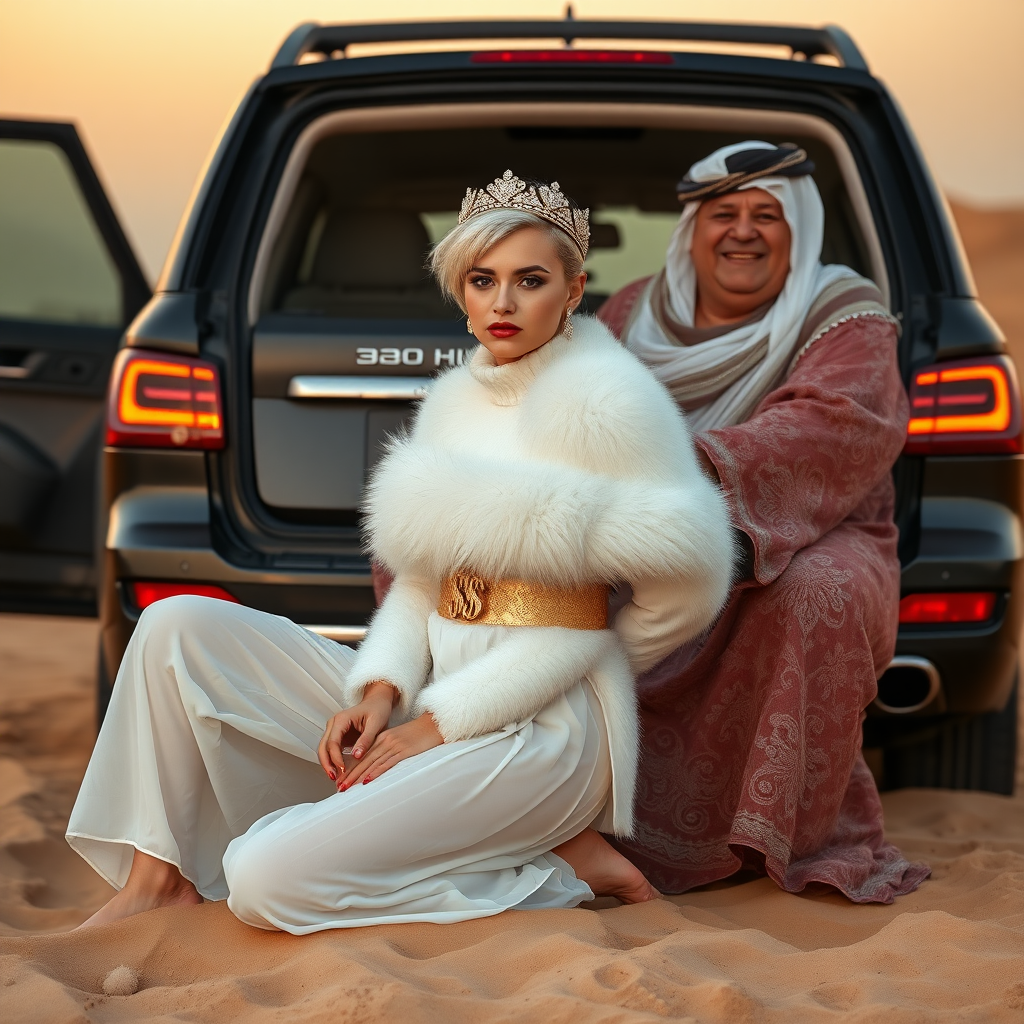 Kuwait desert dunes misty dawn, full size luxury SUV: Melissa, European 17 years old very convincing femboy “trophy-bimbo”, tamed servile docile, very beautiful feminine flawless face, rather short, by hormones very curvaceous womanly figured, platinum blond short tight curls, bold red lips, heavily made-up face, wearing Supertanya-style fluffy very fuzzy bright white angora turtleneck-poncho cropped ending under bust decorated with pearls and gemstones, striking oriental wide gold bridal protection belt, white fully transparent harem pants, full Oriental bridal jewelry with striking headpiece, full Oriental face-jewelry, striking diamond “$$$” letter brooch on left chest, pout frustrated, hands tied behind back, kneeling in sand in front of SUV, looking at camera. Focus on face and turtleneck-poncho. Sitting next embracing Melissa: older overweight mighty sheik laughing.