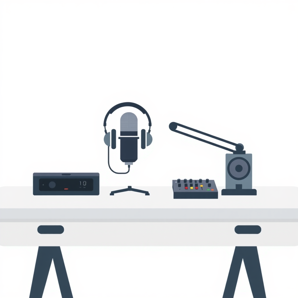 A minimalist, flat design illustration of a podcast setup. The image should include a microphone, headphones, and a sound mixer or audio interface on a simple desk or tabletop. The background should be a plain, neutral color like white, gray, or light blue. The overall style should be clean, modern, and visually appealing as a generic stock image for podcasting.