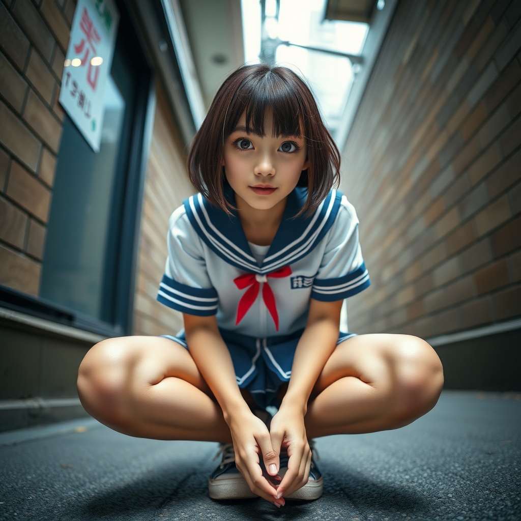 photo hyperrealistic low angle POV full body view cute Japanese teen squatting wearing seifuku uniform looking down at viewer