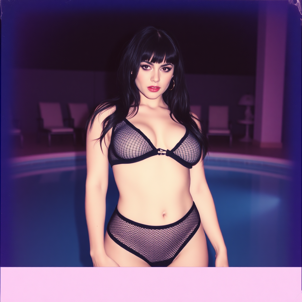 old polaroid photo with heavy vignetting and pink and blue artistic studio lighting color tint and light leak, depicting a sexy curvy thicc pale white alt goth girl with eye makeup, wearing a tiny revealing black see thru mesh two piece bikini gstring thong with a small outline of her labia and nipples visible, standing in a pool