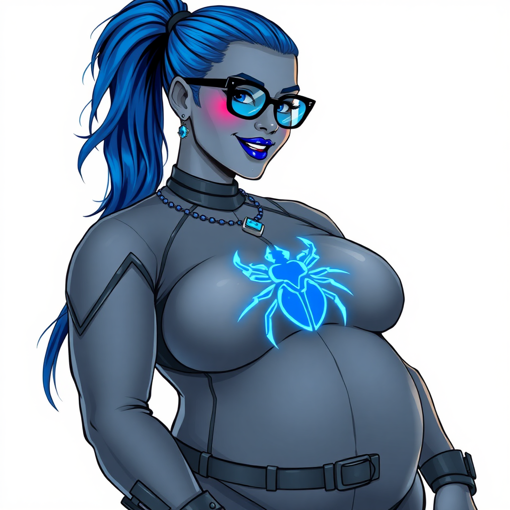 A cyberpunk vigilante’s full-figure middle gray metallic skinned computer program hybrid 28-year-old digital sidekick and loyal girlfriend. She has a long maximum blue ponytail and middle gray metallic skin that blends with her outfit appearing to merge together into computer data. She wears maximum blue lipstick, blue eyes, a sapphire beetle gemstone necklace, sapphire earrings, black eyeglasses, and an oversized, digital, computerized, middle gray bodysuit featuring a neon blue glowing beetle chest icon that accentuates her prominently, round, gargantuan midsection. She sports a beaming smile with a neon red blush. She serves as his minicomputer operating in his hi-tech wristwatch and supercar's onboard computer using her ability to hack into machines and computer to relay vital mission information. The background is solid white. She is drawn as if she was in a retro 2D cyberpunk fighting game. Her midsection is bloated to emphasize her figure.