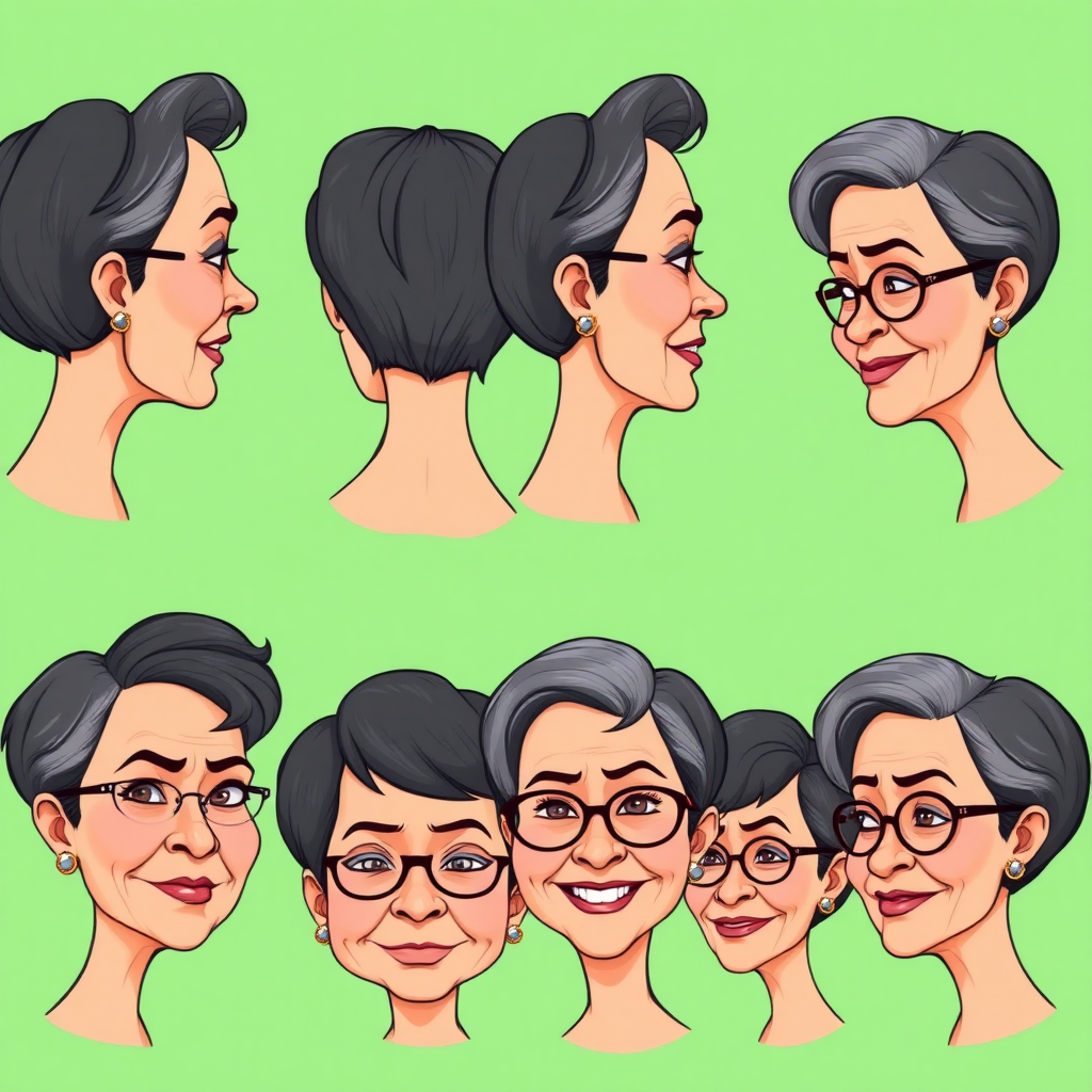 Photorealistic image of eight headshots of a 50 Years old, fit, European, Latina, sharp aquiline nose, wrinkles, high cheekbones, Middle Eastern, Skinny, Tanned skin, Dark light skin, full Makeup, jewelry, Sharp nose, frowning, exaggerated cartoon emotions, lascive smile, dark grey Ash hair, short bowl haircut, Brown eye color, half closed eyes, round Glasses, with detailed features. Each photo displays the same face in back, profile and front view, cut out and isolated on a green background. consistent features, All eight heads are visible side by side, empty space around each view, no overlapping. 2D, caricature, cartoon, Sketch lines, coloring book style, well composed, clean coloring book page, No dither, no gradient, strong outline, vector illustration