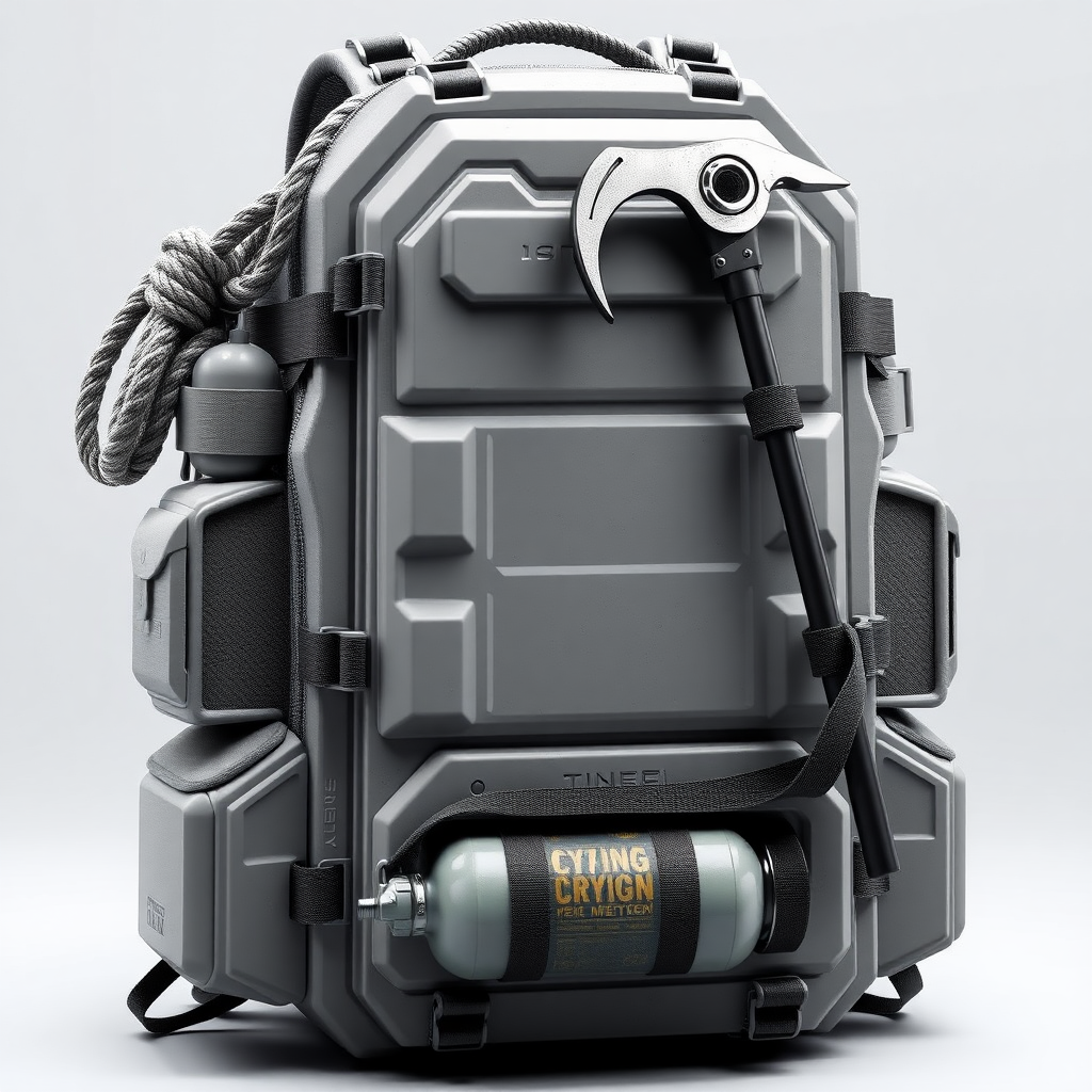 This is an armored light gray backpack designed for extreme conditions and tactical operations. Its base is made of durable, impact-resistant material, with clean geometric lines that emphasize its functionality. Tactical pockets and fastenings are located all over the surface, giving the backpack a high-tech, battle-ready look.

On the left side, a reliable rope is coiled, carefully secured with a carabiner, hinting at readiness for any kind of rescue operations or difficult climbs. On the right, an ice ax is attached - a powerful tool, secured in a way that can be quickly removed at the right moment. At the bottom of the backpack, an oxygen tank is fastened with strong straps, as if for mountain climbing or survival in thin air. All elements are harmoniously combined with the armored surface, creating the image of a backpack that not only protects equipment, but also becomes an essential tool in an emergency.

This backpack concept conveys a sense of reliability, strength and complete readiness for extreme adventures, where every element has a practical meaning and complements the overall style.