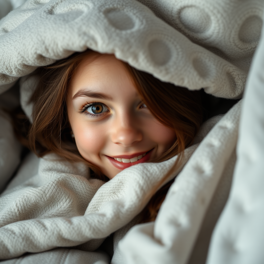 a young woman with brunette hair and brown eyes in a bed covered by a blanket. she looks out under the margin of the blanket. smiling to the photographer. Photo