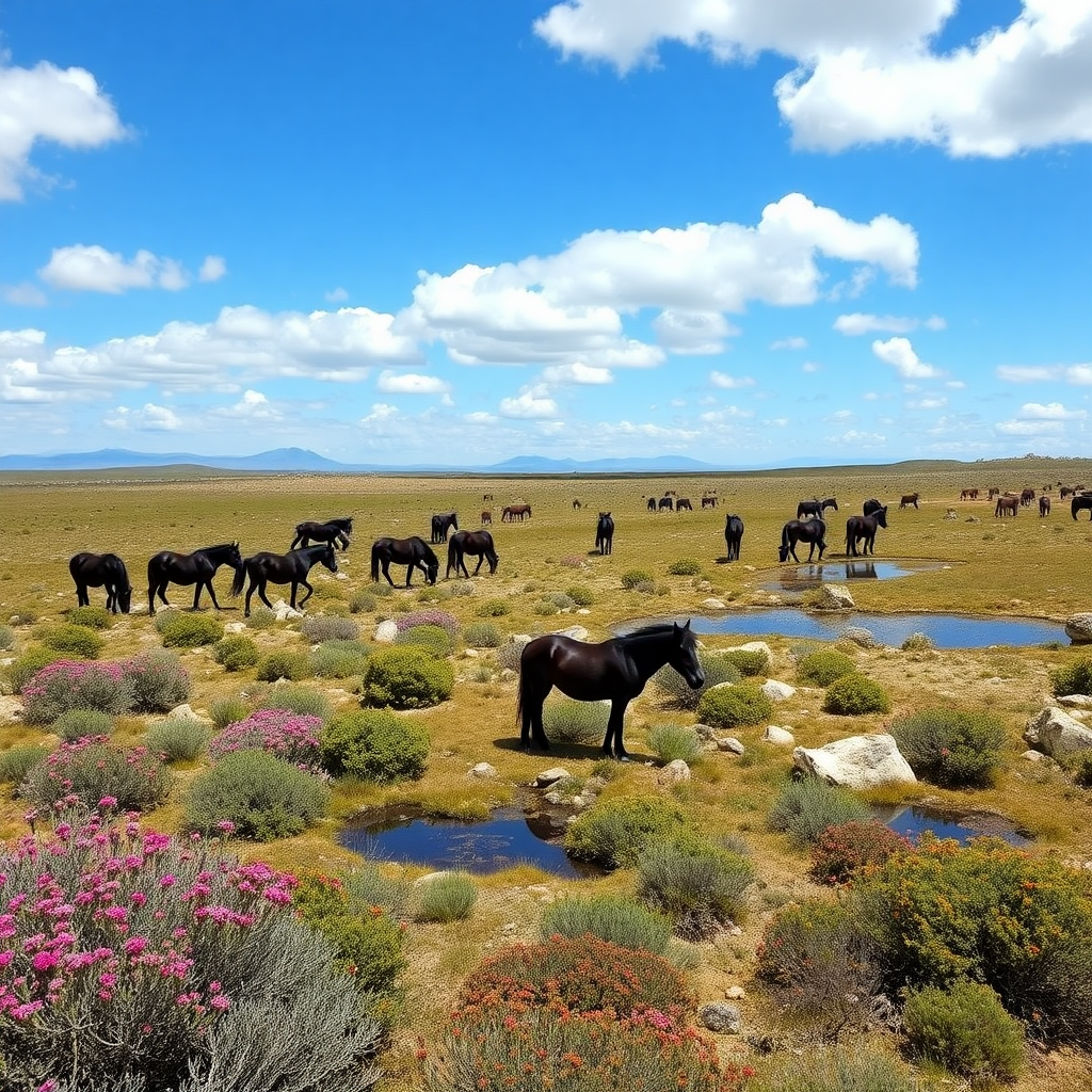 Long plateau with its dark wild ponies, Mediterranean vegetation with rockrose, myrtle, oaks, junipers, with ponds and large rocks and blue sky with white clouds.