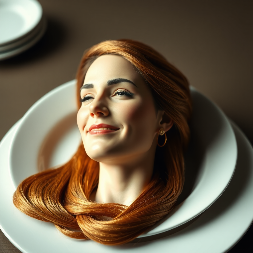 In a surreal and whimsical culinary display, Kate Middleton's disembodied head is elegantly arranged on a pristine, white porcelain plate. Her long, flowing hair cascades luxuriously around the edges, each strand meticulously crafted to shimmer in the ambient light, reminiscent of spun gold. The delicate features of her face, perfectly sculpted, convey a serene expression, with a soft, inviting smile that radiates warmth and grace.