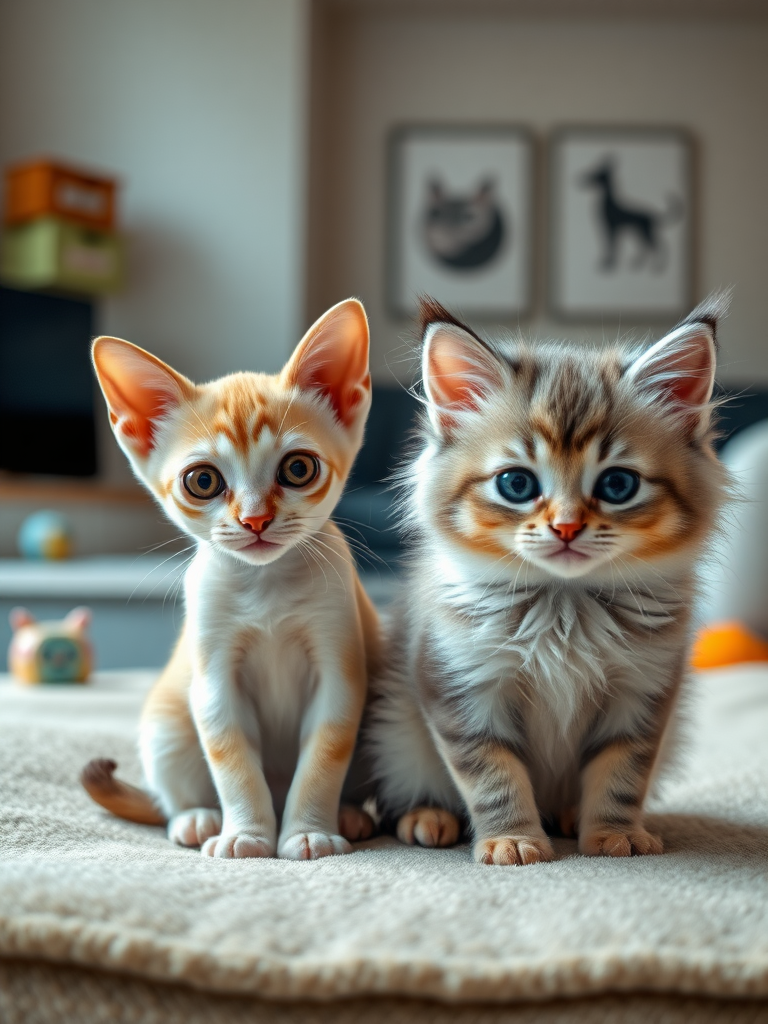 A highly realistic 4K image featuring two miniature cats from different breeds: a Singapura and a Munchkin. The Singapura cat is small, with a sleek, light beige coat and large, expressive eyes. Beside it, the Munchkin cat has short legs and a fluffy coat, with a mix of light grey and white fur. Both cats are sitting on a soft, cozy surface, with a warm and inviting room in the background, featuring subtle lighting, a few cat toys, and a modern interior design. The texture of their fur and fine details like whiskers are captured with incredible realism.