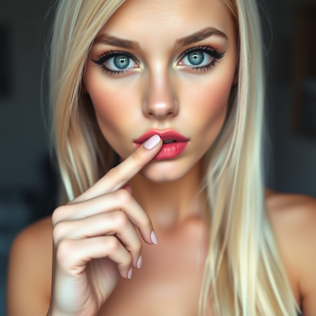 A young woman is holding her finger to her lips, 1 girl, looking at the viewer, blue eyes, blonde hair, solo focus, blurry, lips, eyelashes, blurry background, close-up, realistic. Bleached blonde, black eyeliner, very large eyes, tanned skin. Very long straight hair. Cleavage.