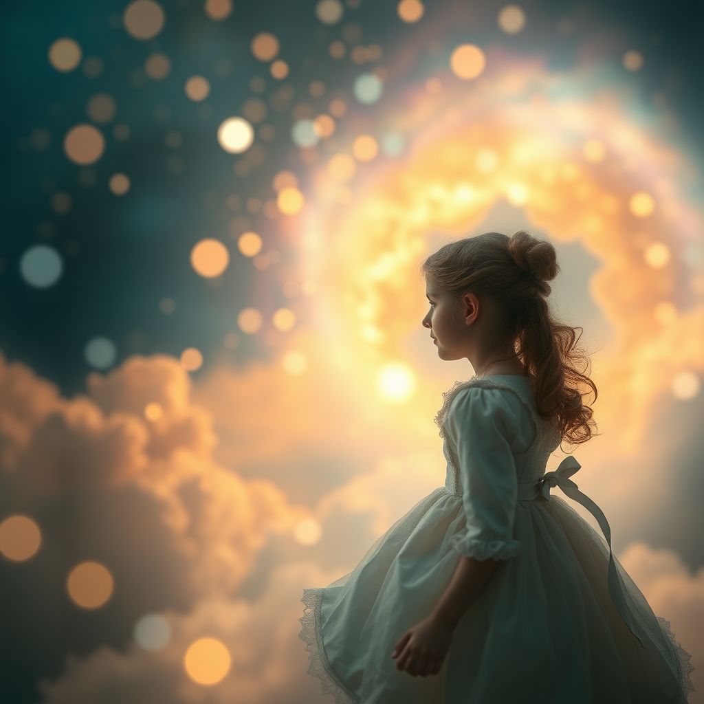 mandelbulb clouds, Low Key Lighting, dreamscape, nebula, Bokeh, abstract, brilliant colors, glittering, translucent, iridescent, glowing, artistic photo, panoramic, airy, original, experimental, fractal, generative art, calm, cinematic shot, opal, gold, preteen girl floating in a distance, in Victorian dress