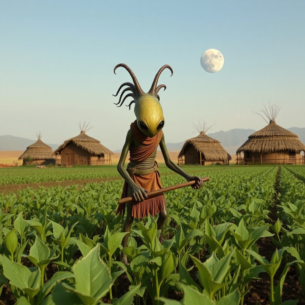 A humanoid arthropod alien in tribal clothing tilling a field of alien crops, alien huts in the background, ((two moons)) visible in sky.