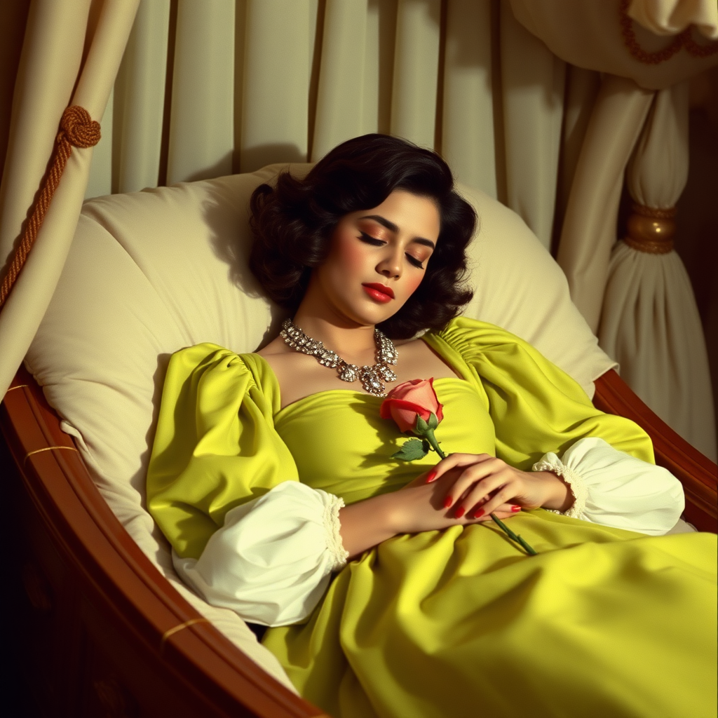 1980s film still of a alluring, feminine 19 year old pakistani prince with short wavy brown hair in a bob with ringlets, rose lipstick, rose blush, long eyelashes, narrow face, wearing a lime green off shoulder puff sleeve dress with a flowing skirt and white sleeves and a diamond festoon necklace. Sleeping in a funeral bier eyes closed holding a rose, the bedroom is covered by a large curtain in a palace room as the beauty rests forever in a deep death like sleep.