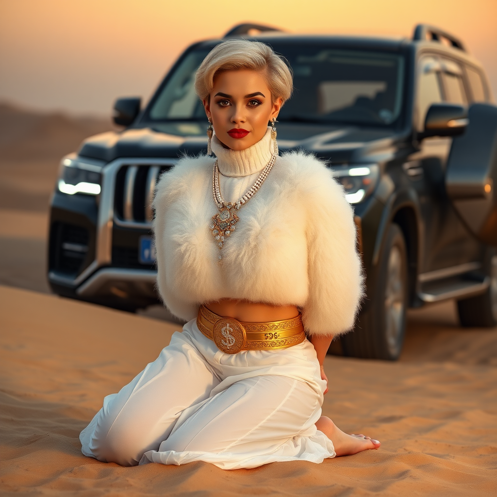 Kuwait desert dunes misty dawn, full size luxury SUV: Melissa, European 17 years old very convincing femboy “trophy-bimbo”, tamed servile docile, very beautiful feminine flawless face, rather short, by hormones very curvaceous womanly figured, platinum blond short tight curls, bold red lips, heavily made-up face, wearing Supertanya-style fluffy very fuzzy bright white angora turtleneck-poncho cropped ending under bust decorated with pearls and gemstones, striking oriental wide gold bridal protection belt, white fully transparent harem pants, full Oriental bridal jewelry, full Oriental face-jewelry, coin anklets, striking diamond “$$$” letter brooch on left chest, pout frustrated, hands tied behind back, kneeling in sand in front of SUV, looking at camera. Focus on face and turtleneck-poncho.