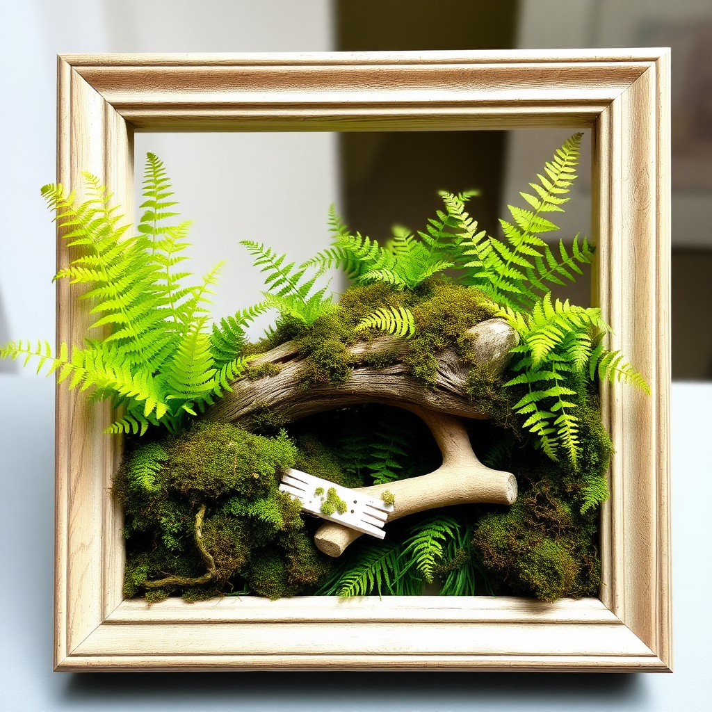 A picture frame is home to some ferns and moss, with a piece of driftwood in the middle.