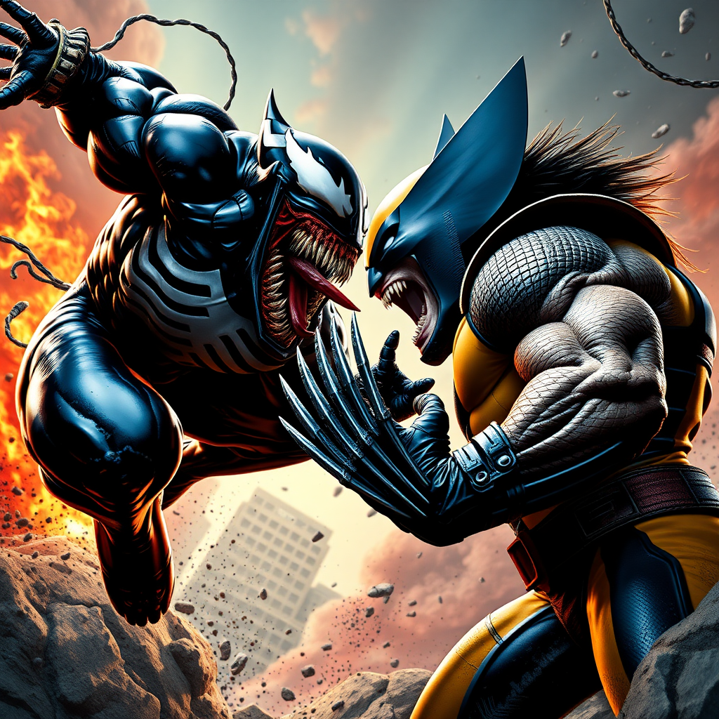 jumping out of an epic comic book cover is Venom Vs Wolverine head-to-head in battle. Cinematic Real3d photo-realistic quality.