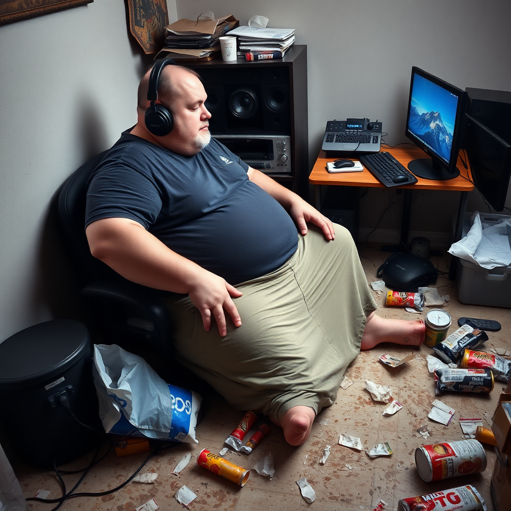 A photo of a lazy and obese man wearing headphones sitting at his gaming computer desk, food and drink trash is littered around the floor. His floor is dirty and stained, and so are his clothes. The house looks run down. The image is in 8k and is in focus and professionally shot.