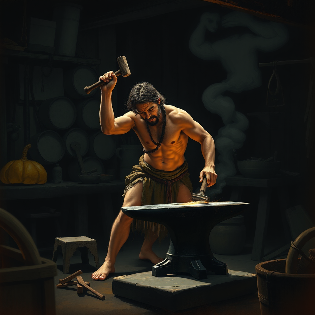 A human male in only a loin cloth hammering with a hammer on an anvil in a dark blacksmith workshop