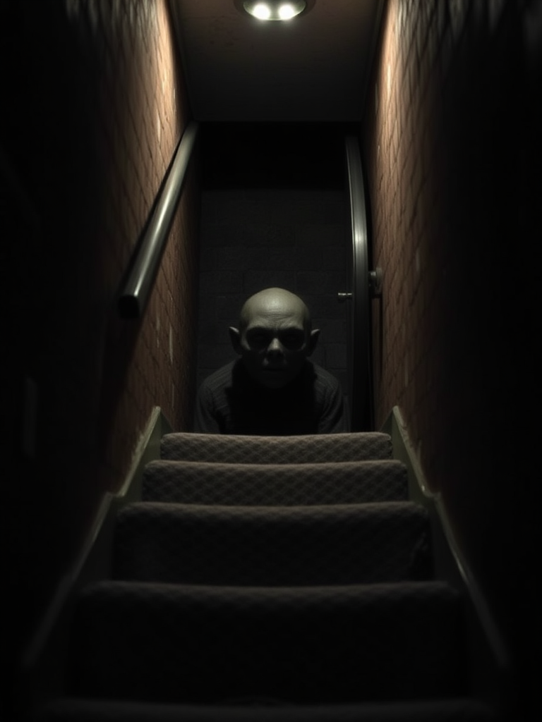 the thing in the basement peaking in from below the stairs, creepy, horror