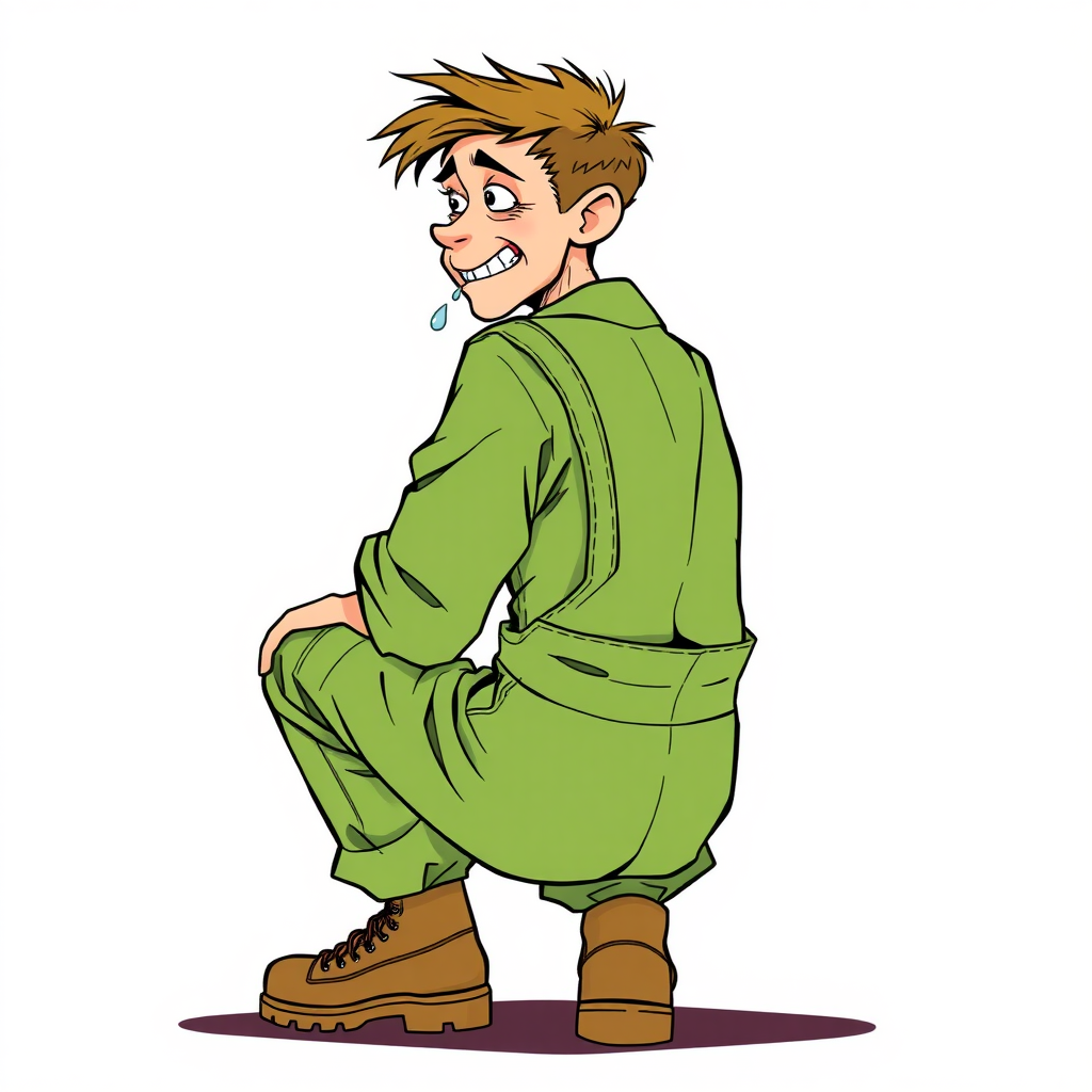 nervous small 15 year old european skinny man, long sleeves green coveralls, tense fabric, squatting, stunned, mesmerized, joyful, heavy drooling, side view, safety shoes, detailed feet, 2D, caricature, cartoon, Sketch lines, coloring book, coloring book, side rear view