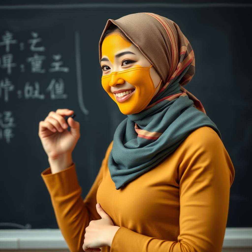 slim, 30 year old, sexy, chinese female school teacher, scarf head, turmeric face mask. She is smiling and teaching on a blackboard