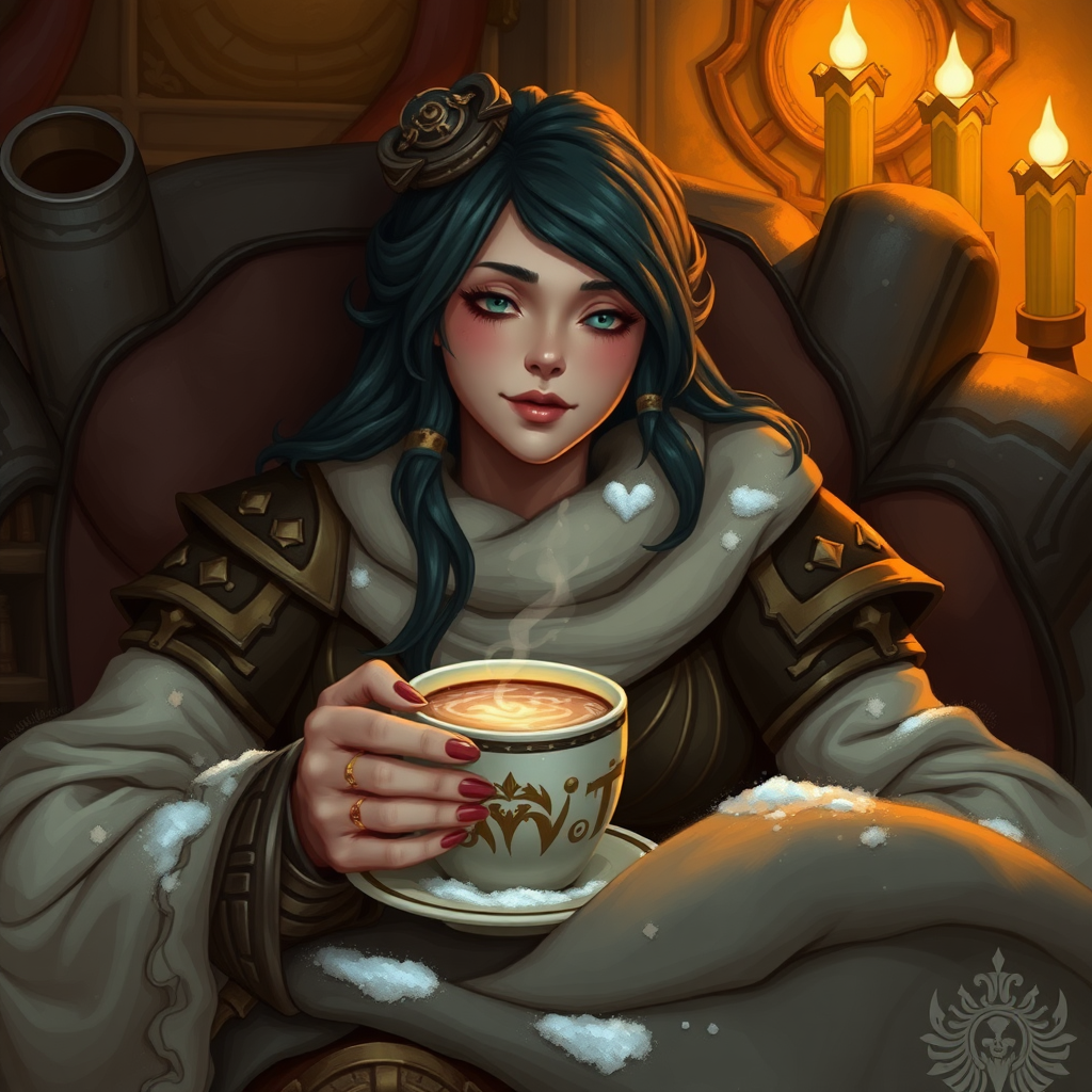 A female wow character relaxing after a grueling raid with nice cup of hot chocolate