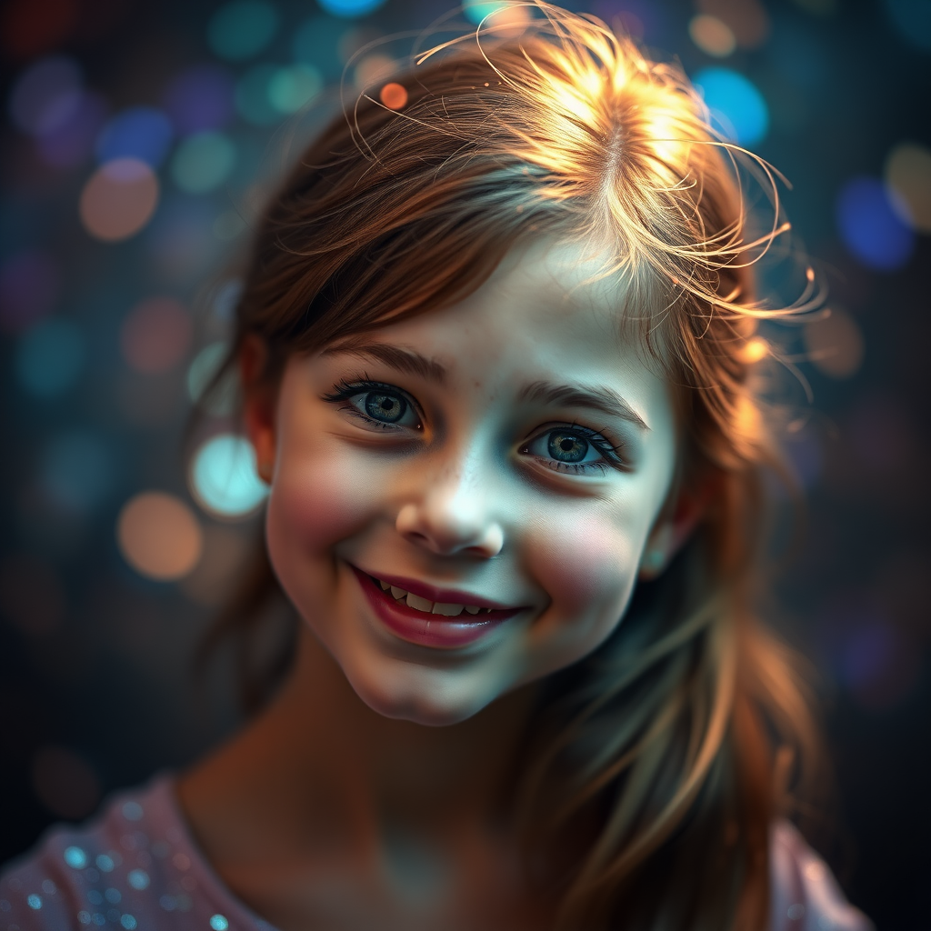 preteen girl smiling into the camera, aura, Bokeh, abstract, mandelbulb fractal, fractal, brilliant colors, glittering, translucent, mother of pearl, opal, iridescent, natural, glowing, sacred geometry, glitch, interdimensional