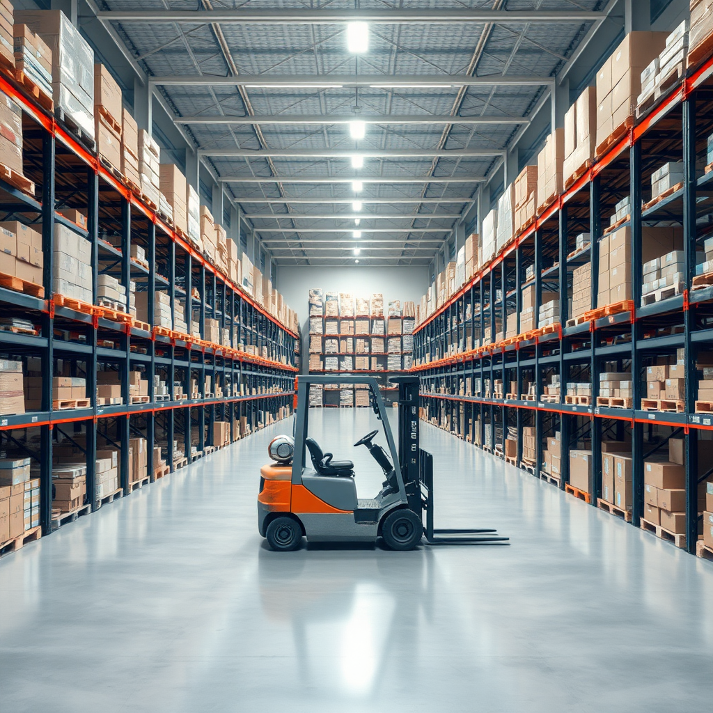 Create a high-resolution photo of a modern warehouse interior. The scene should include tall shelves filled with various boxes and products, a spacious layout with clear pathways, and bright overhead lighting. Include a forklift without an operator and partially open gate. The overall atmosphere should convey efficiency and organization, with a clean and professional look. No text, no humans.