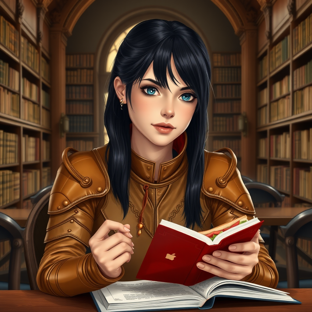 beautiful young woman, dark hair past her shoulders, blue eyes, small, slim figure, wearing full tan leather armor suit, sitting at a table reading a book with a sandwich, in a grand old library.