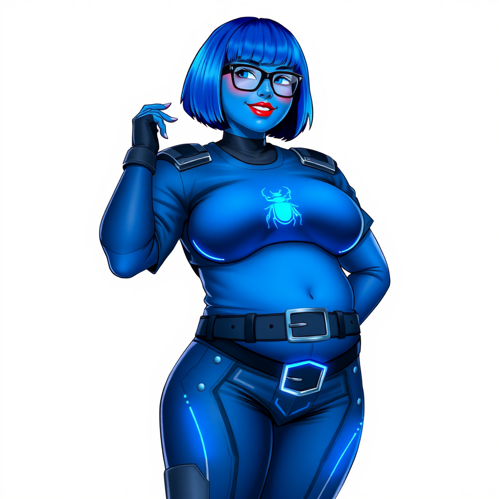 A 28-year-old, full-figured, metallic maximum blue (5PB 5/10) skinned computer program hybrid with a maximum blue bob cut. She has a non-athletic build, highlighted by a prominent, round, large midsection (with emphasis on her belly), which shows the effects of her new love of junk food acquired from her boyfriend. As the full-figured, nerdy, digital sidekick to her cyberpunk vigilante boyfriend, her metallic maximum blue skin and maximum blue lipstick (5PB 5/12) emphasize her digital nature. Her skin has a subtle, animated glow, with digital patterns occasionally flickering across it, making her digital nature obvious. She wears a digital, computerized costume, consisting of a huge, tight-fitting, maximum blue t-shirt (5PB 5/12) made out of advanced nanotech with a neon blue glowing chest icon of a beetle, hi-tech shoulder pads with neon blue accents, a black hi-tech belt with a digital neon blue glowing buckle, digital maximum blue biker pants (5PB 5/12) with neon blue accents, and black hi-tech fingerless biker gloves with neon blue glowing accents. Her neon blue glowing eyes, black eyeglasses with neon blue glowing lenses equipped with a built-in HUD, and bashful smile with neon red blush accentuate her nerdiness. She stands bashfully with one hand behind her back and the other hand gently touching her cheek, her costume covering all her skin and emphasizing her full-figured physique (especially her belly). She is clearly non-athletic, with a focus on her full-figured physique. Despite her build, she radiates beauty. She has a slim face compared to her physique, accentuating her radiant beauty. She is on a solid white background. She is drawn as if she were in a retro 2D cyberpunk fighting game.