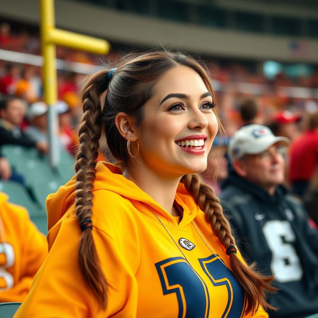 Attractive female NFL fan, pigtail hair, cheering, bleacher row