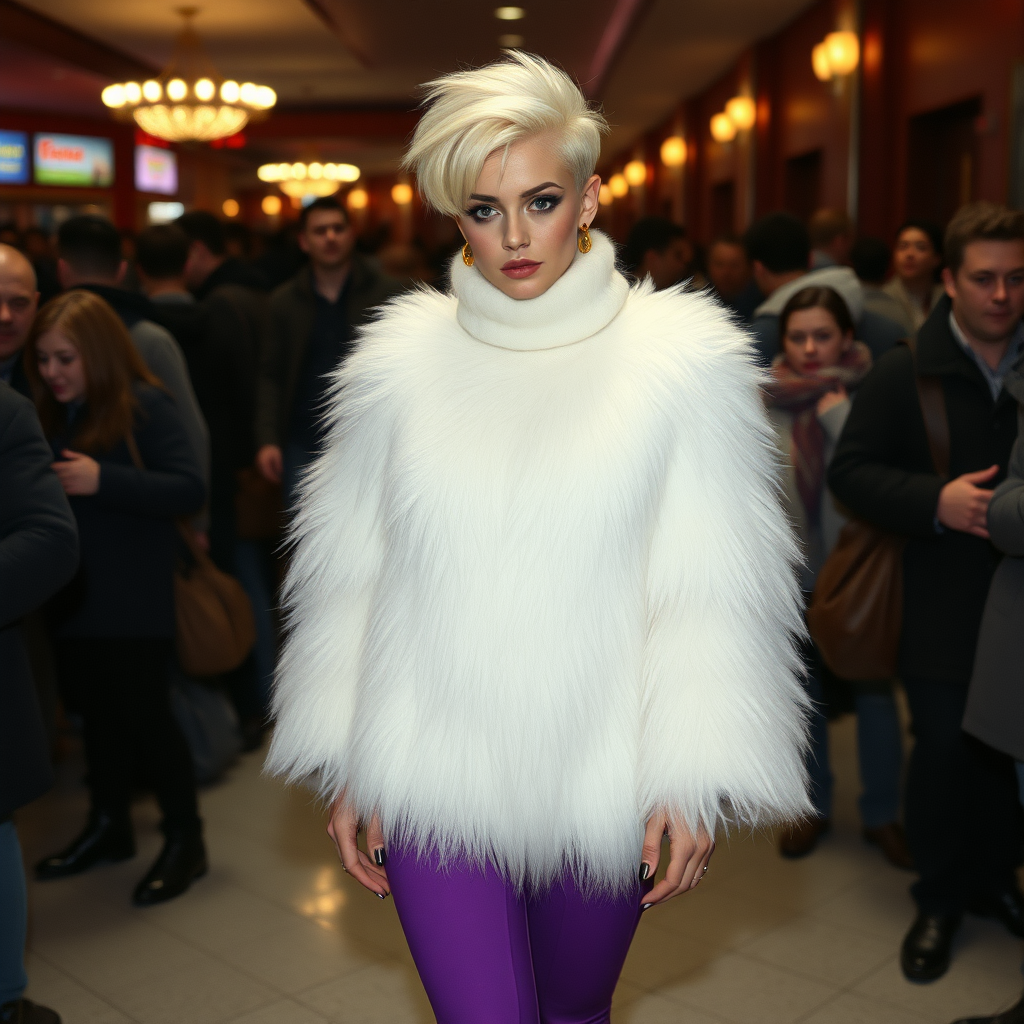 1990 winter evening, crowded cinema lobby: Sam, 19 years old beautiful involuntary femboy, rebellious intractable character, petite boyish figure, platinum blond boyish rebel punk hairstyle, flawless heavily made-up face with sharp arched tattooed eyebrows, wearing Supertanya-style fluffy very fuzzy bright white angora thigh-length turtleneck-poncho fully covering body and arms, purple stretch pants, black leather high-heeled pumps, gold earrings, puzzled alarmed, pout serious, impatiently waiting for her master. Full view of scene.