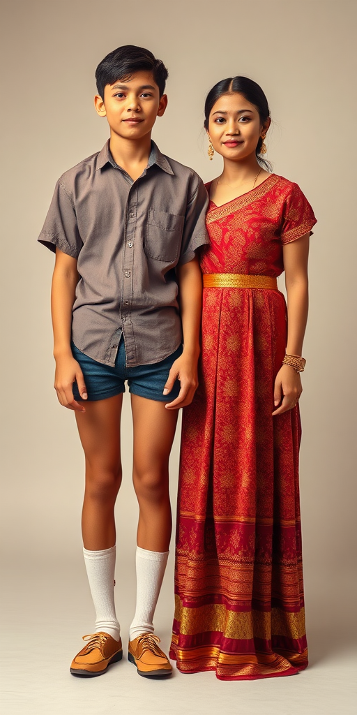 A 14yo teen boy, wearing shirt, tight booty shorts, tube socks, shoes, long legs, narrow thighs. With a girl wearing traditional floor long dress. full-length view. studio background. Family photo. 1980s.  
photorealistic, ultra high resolution, 16K,  
Negative: grainy, blurry, bad anatomy, extra limbs, watermark.